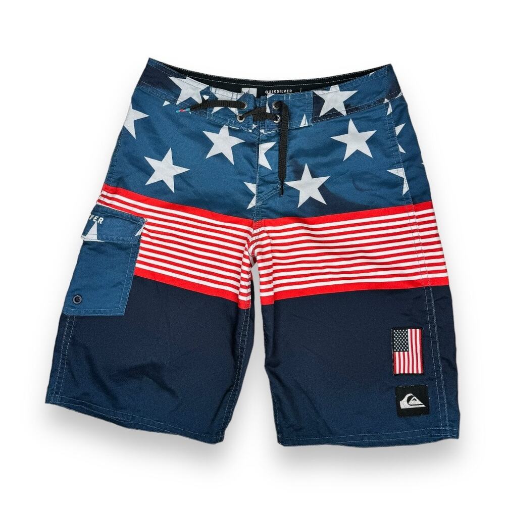 Quiksilver Boys American Flag Boardshorts 26 Blue Red White Stripe Stars Swim